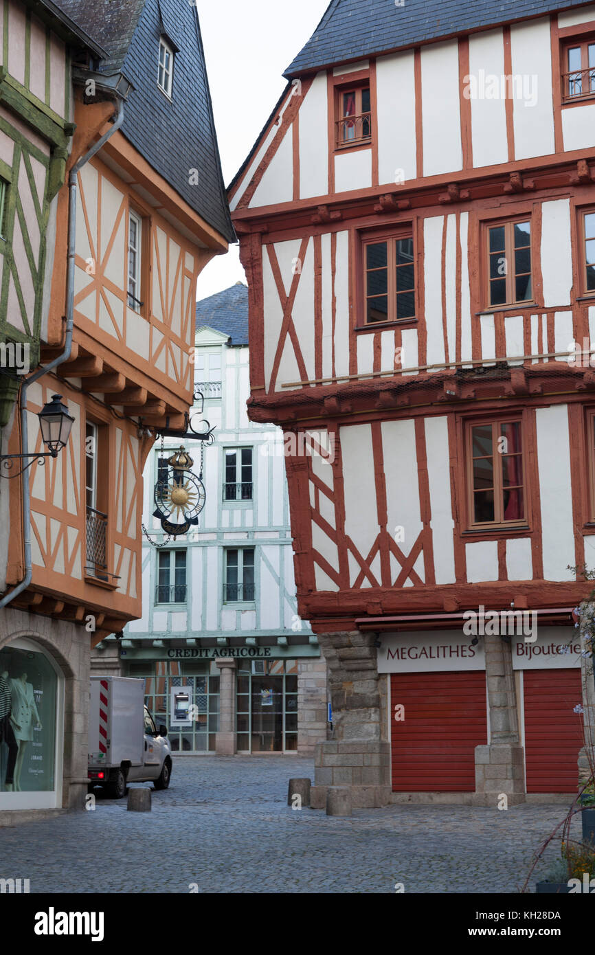 The St Peter square, at Vannes (France). Also edged by half-timbered houses,  it completes - with the  Henri IV square -  the cathedral environment.. Stock Photo