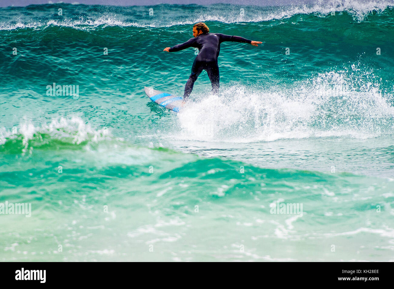 A surfer ride a wave at Sydney's iconic Bondi Beach, NSW, Australia Stock Photo