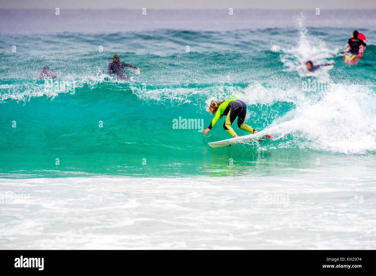 A surfer ride a wave at Sydney's iconic Bondi Beach, NSW, Australia Stock Photo