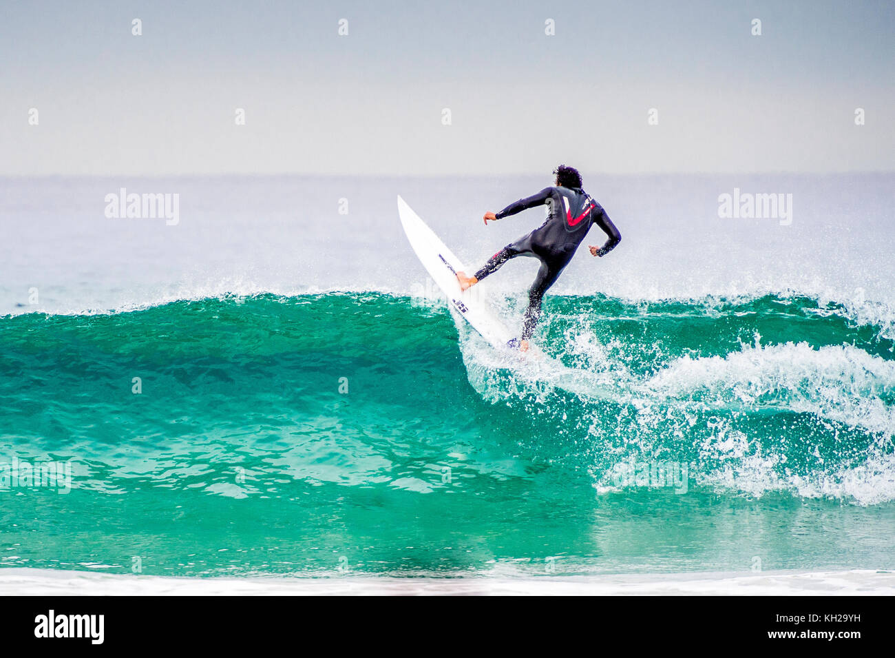 A surfer ride a wave at Sydney's iconic Bondi Beach, NSW, Australia Stock Photo