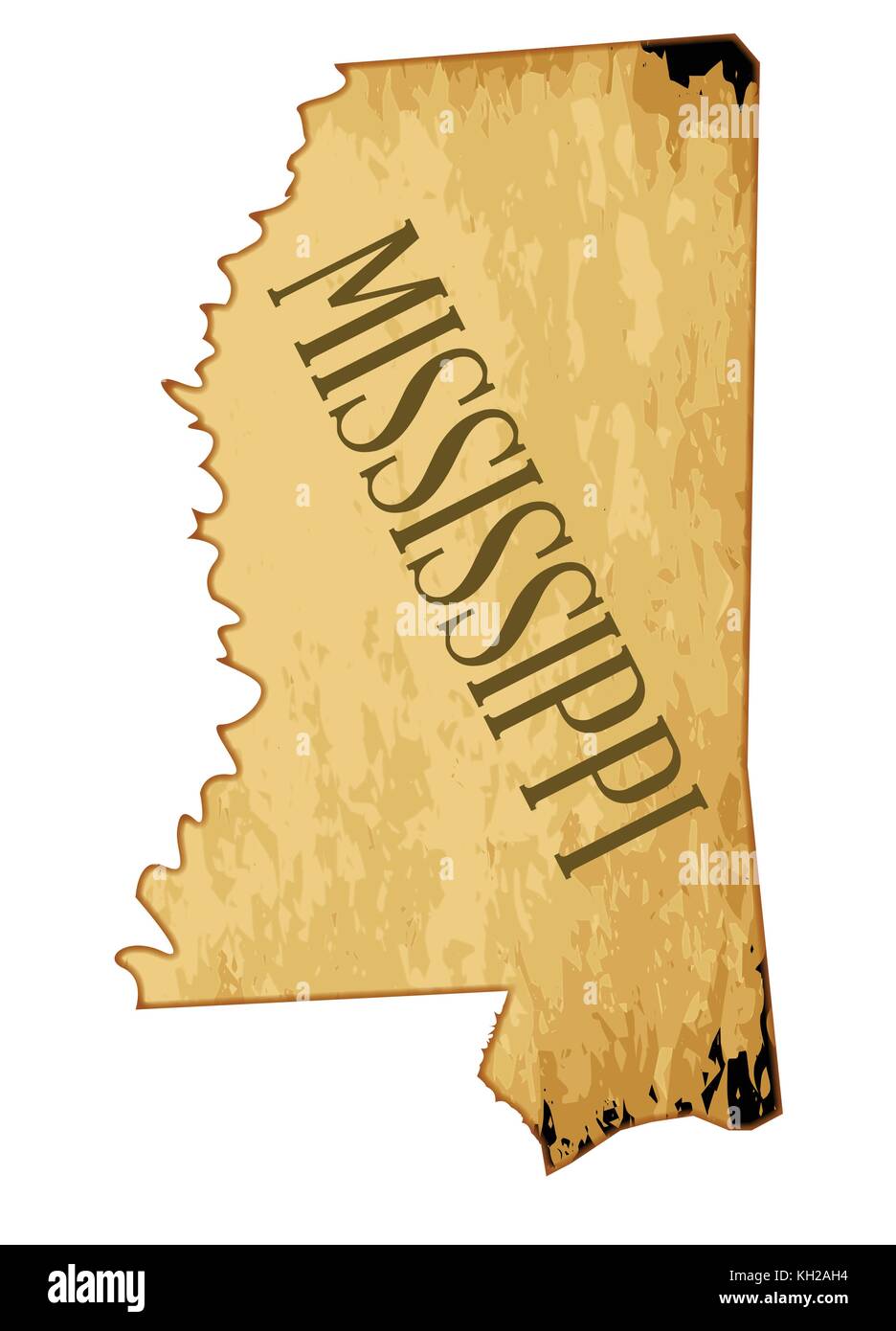 A parchment background of browns shades and black as the Mississippi state map over a white background Stock Vector