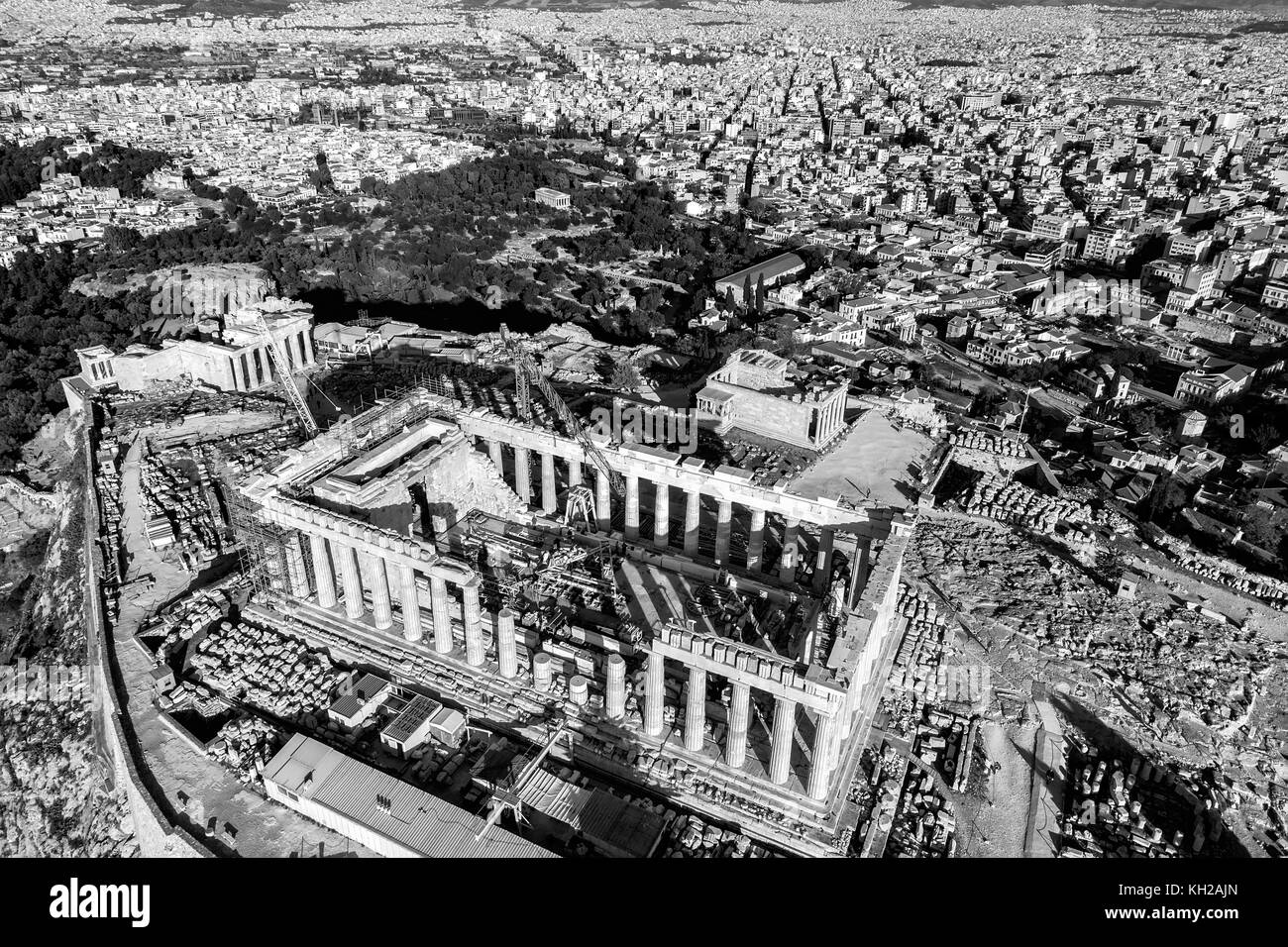 Aerial view of Parthenon and Acropolis in Athens,Greece. BW Toned. Stock Photo