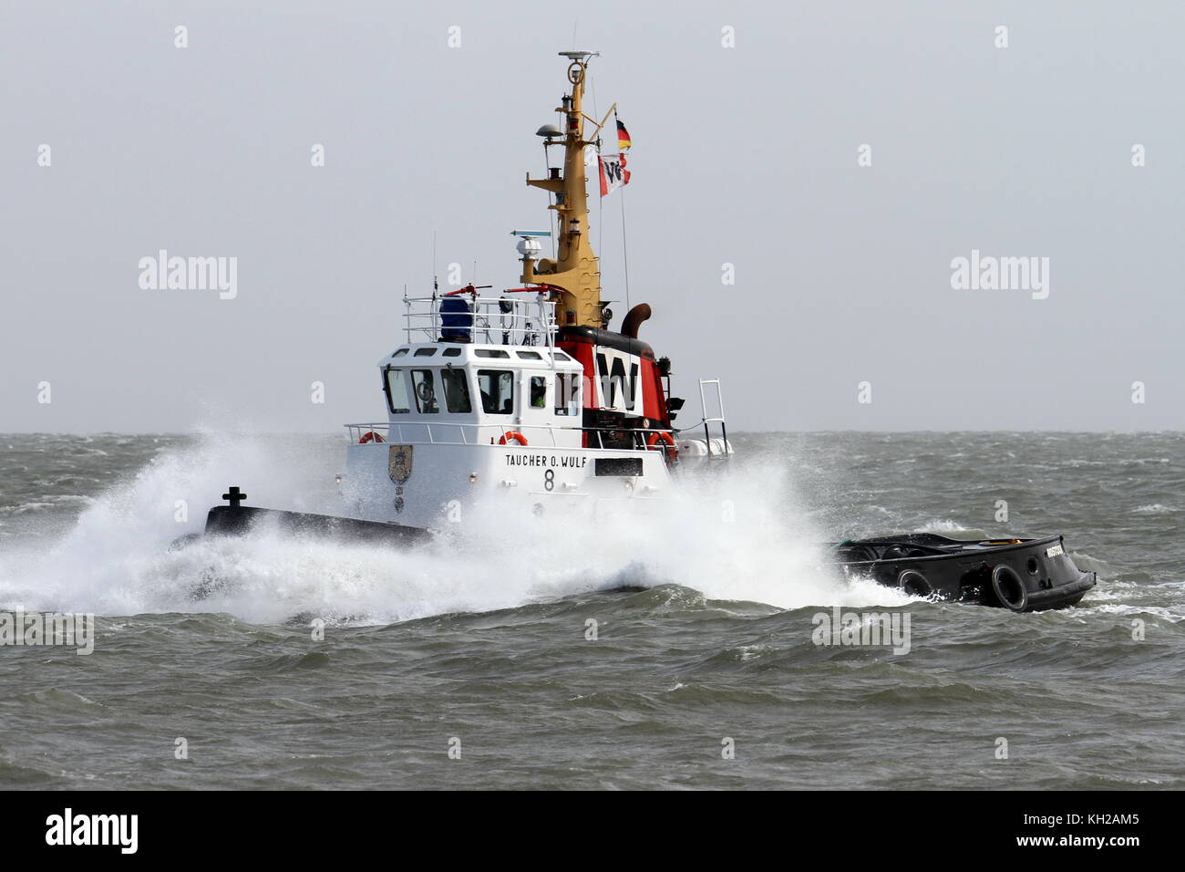 The harbor tug divers O Wulf 8 leaves the port of Cuxhaven on stormy sea on March 30, 2015. Stock Photo