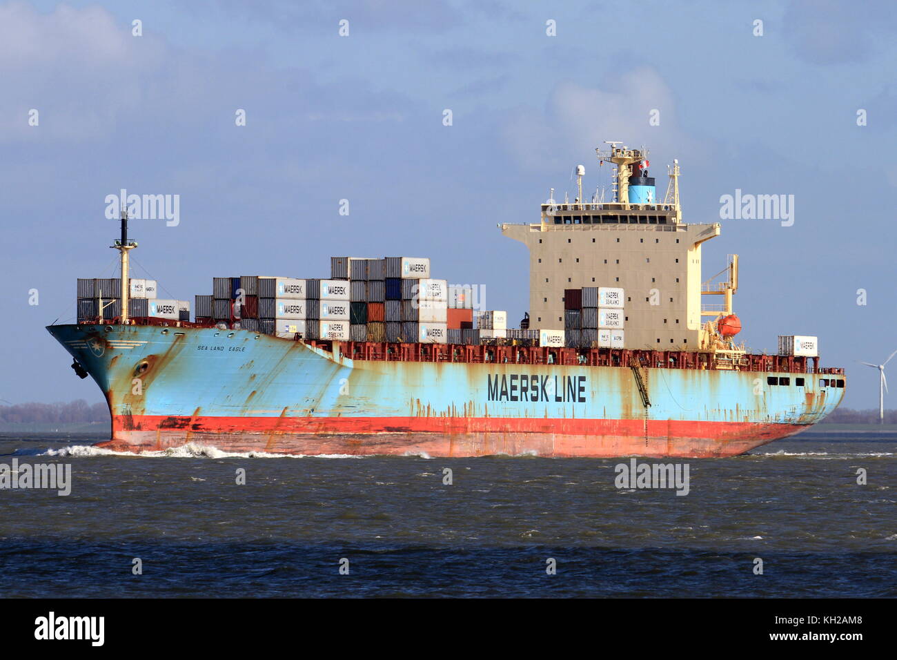 The container ship Sea Land Eagle passes on 3 April 2015 Cuxhaven on the Elbe river and goes to the North Sea. Stock Photo