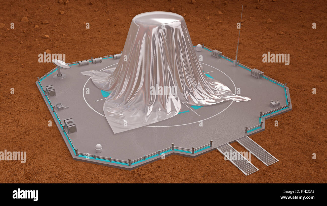 The capsule on Mars is covered with a silvery cloth. 3d rendering Stock ...