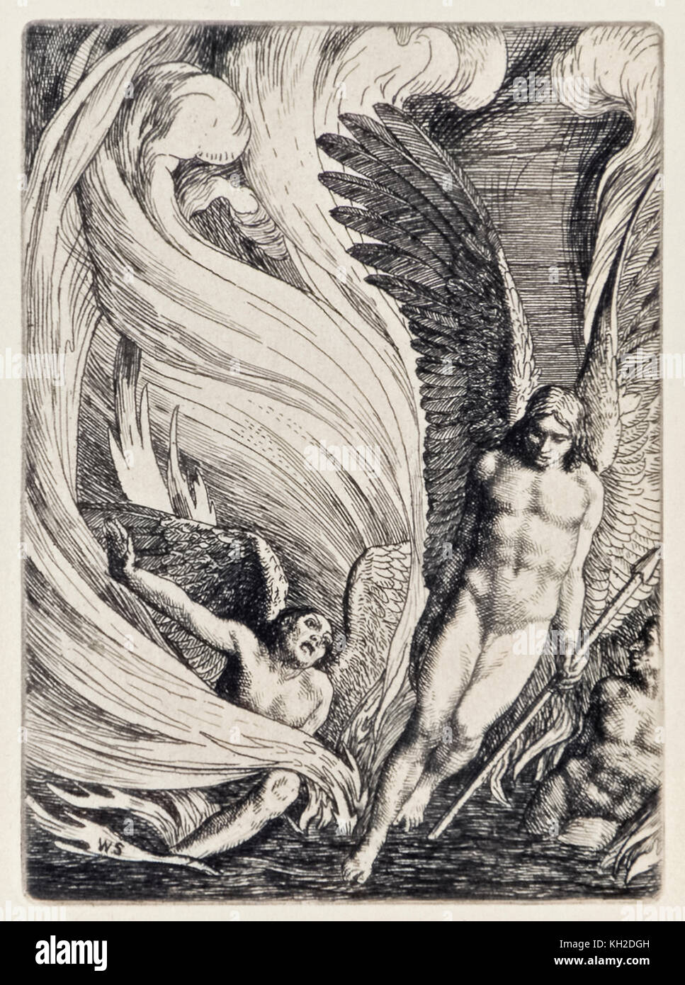 “Satan Rising from the Burning Lake” from ‘Paradise Lost’ by John Milton (1608-1674) a series of 12 illustrations etched by William Strang (1859-1921). See more information below. Stock Photo