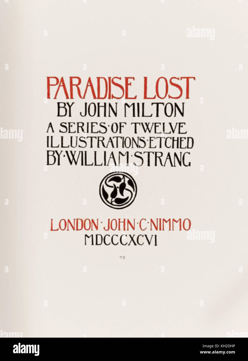 Letterpress title page from ‘Paradise Lost’ by John Milton (1608-1674) a series of 12 illustrations etched by William Strang (1859-1921). See more information below. Stock Photo