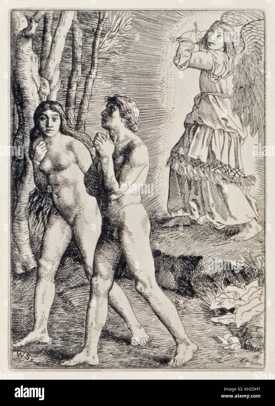 'Adam and Eve Expelled from Paradise' from ‘Paradise Lost’ by John Milton (1608-1674) a series of 12 illustrations etched by William Strang (1859-1921). See more information below. Stock Photo
