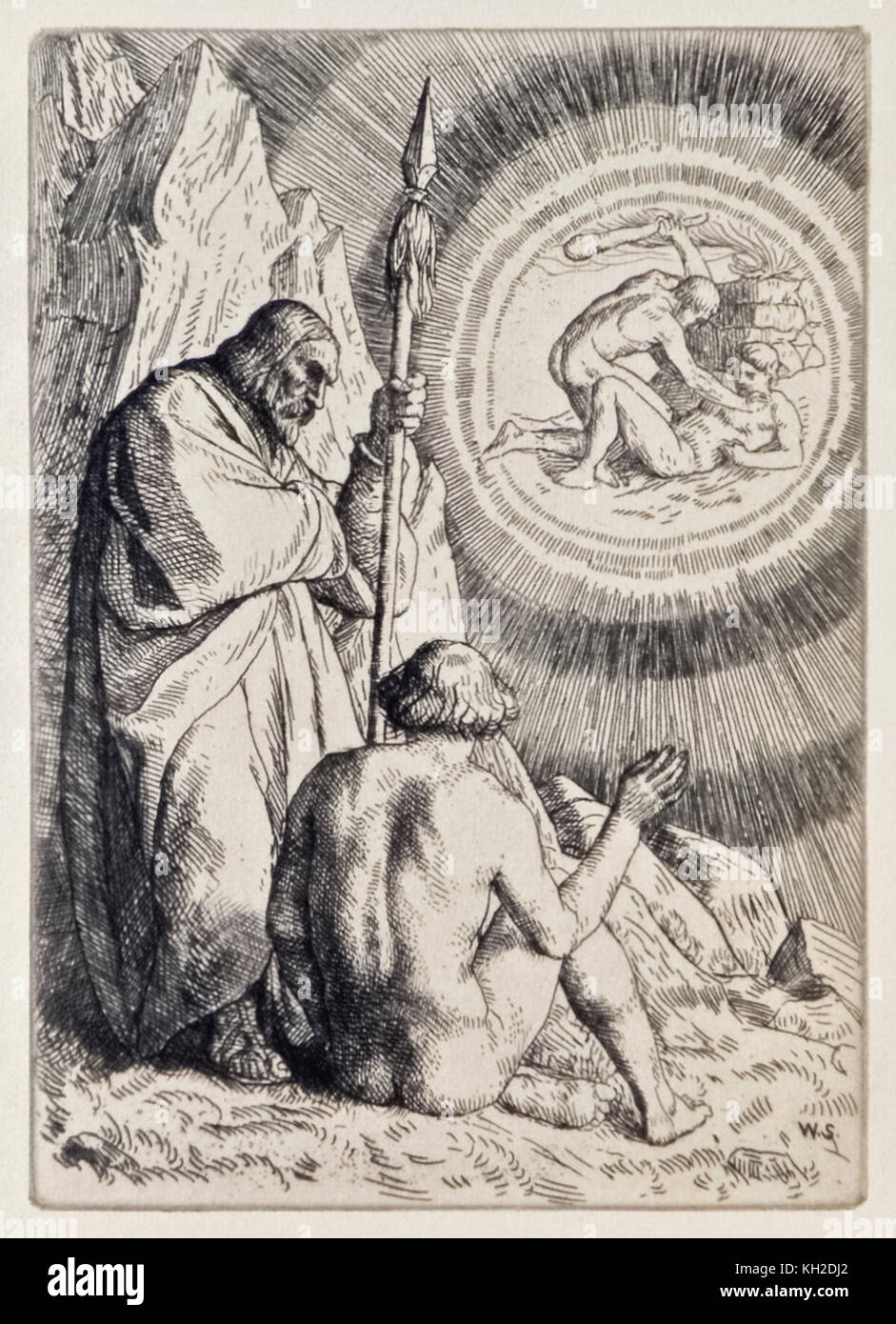 'Michael Sets before Adam a Vision' from ‘Paradise Lost’ by John Milton (1608-1674) a series of 12 illustrations etched by William Strang (1859-1921). See more information below. Stock Photo