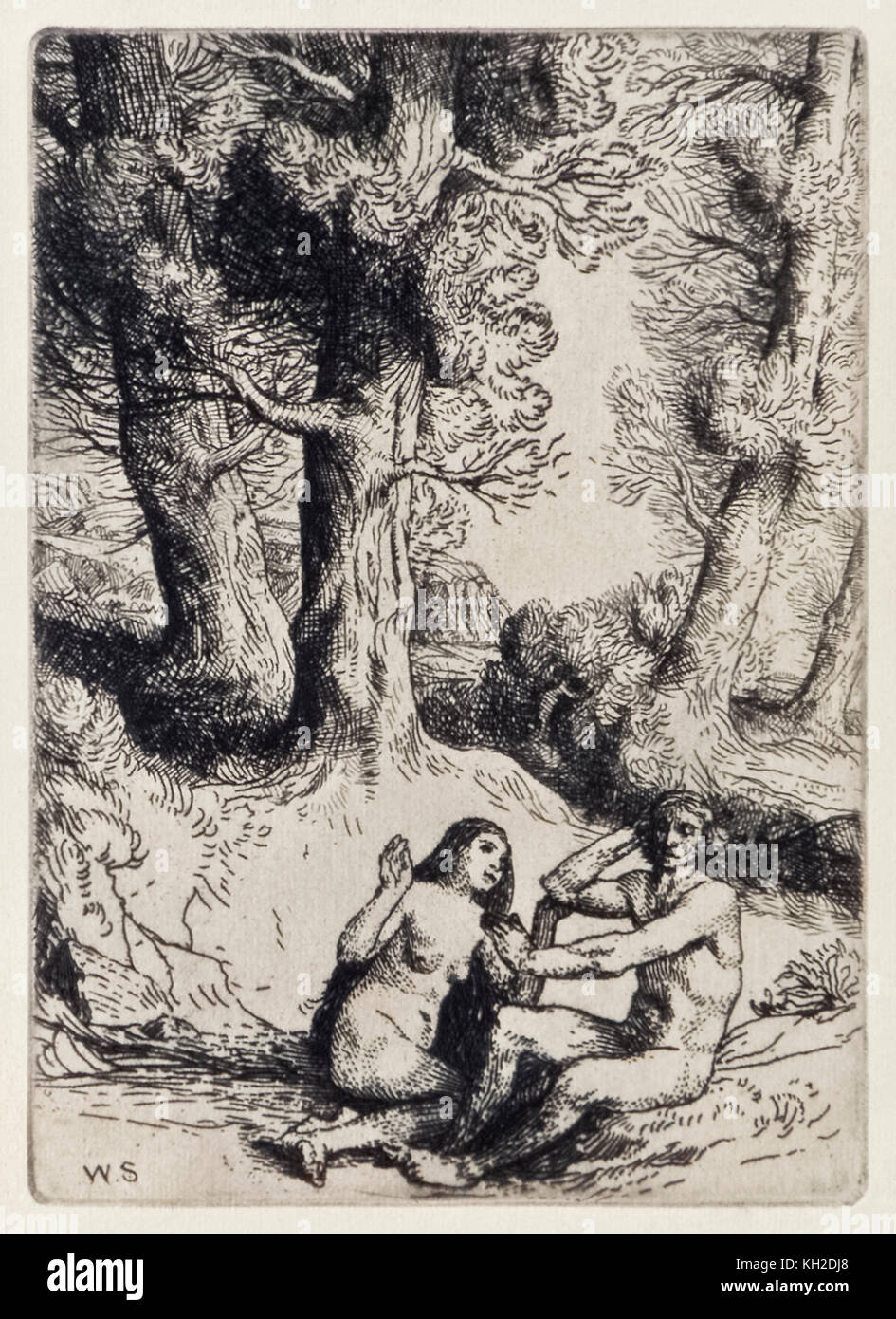 'Adam Rejects the Condolement of Eve' from ‘Paradise Lost’ by John Milton (1608-1674) a series of 12 illustrations etched by William Strang (1859-1921). See more information below. Stock Photo