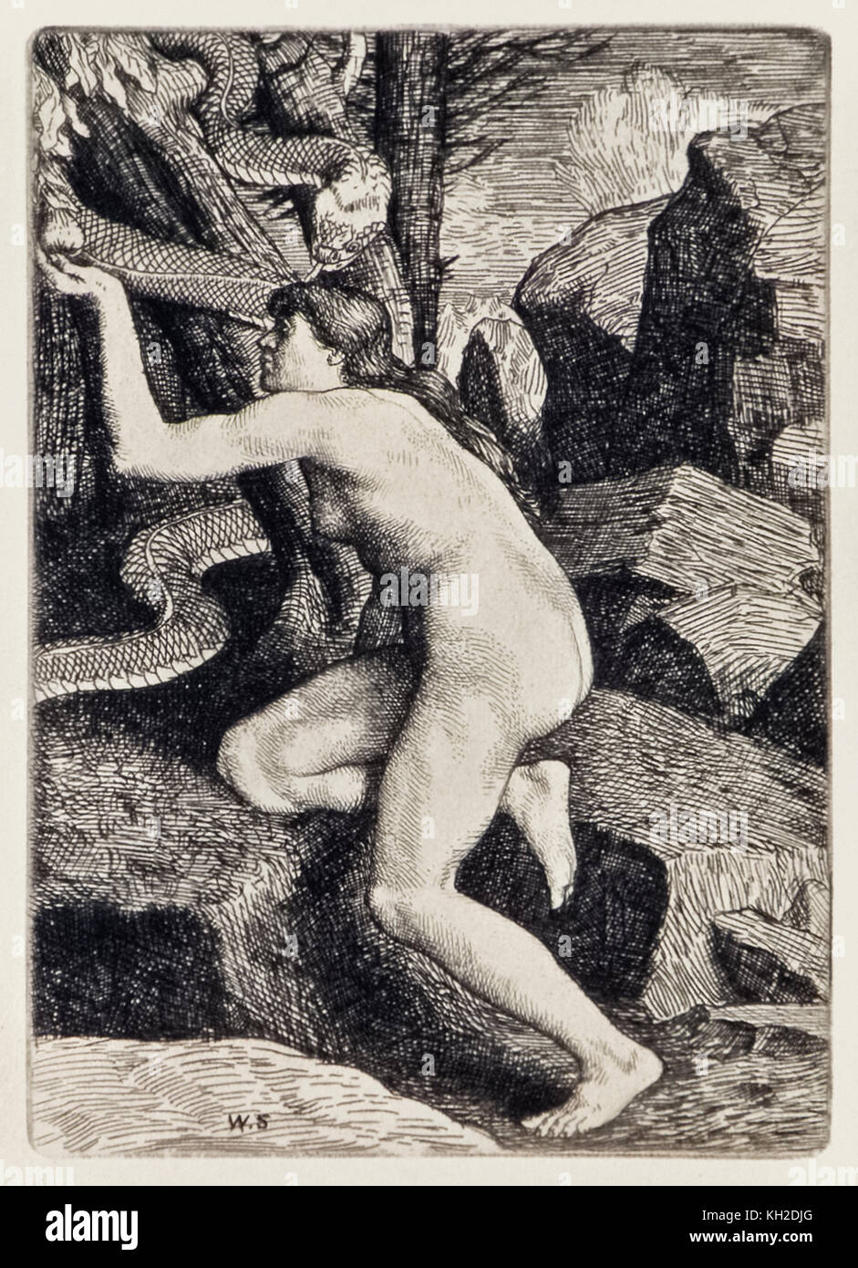 'Eve Tempted by Satan in the Form of a Serpent' from ‘Paradise Lost’ by John Milton (1608-1674) a series of 12 illustrations etched by William Strang (1859-1921). See more information below. Stock Photo