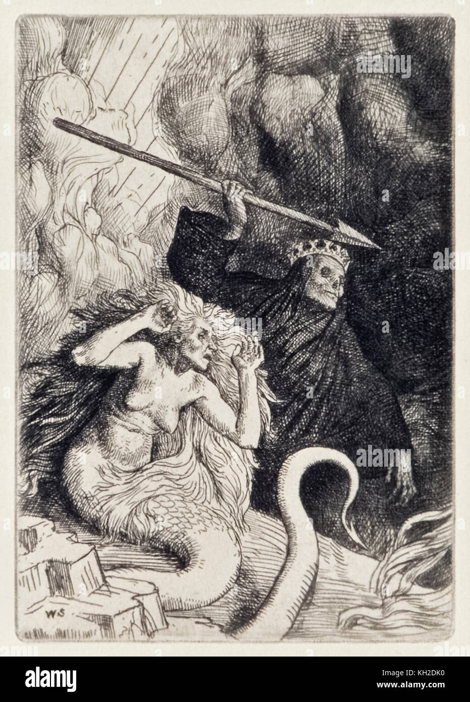 'Sin and Death at the Gates of Hell' from ‘Paradise Lost’ by John Milton (1608-1674) a series of 12 illustrations etched by William Strang (1859-1921). Sin and Death come to Earth. See more information below. Stock Photo