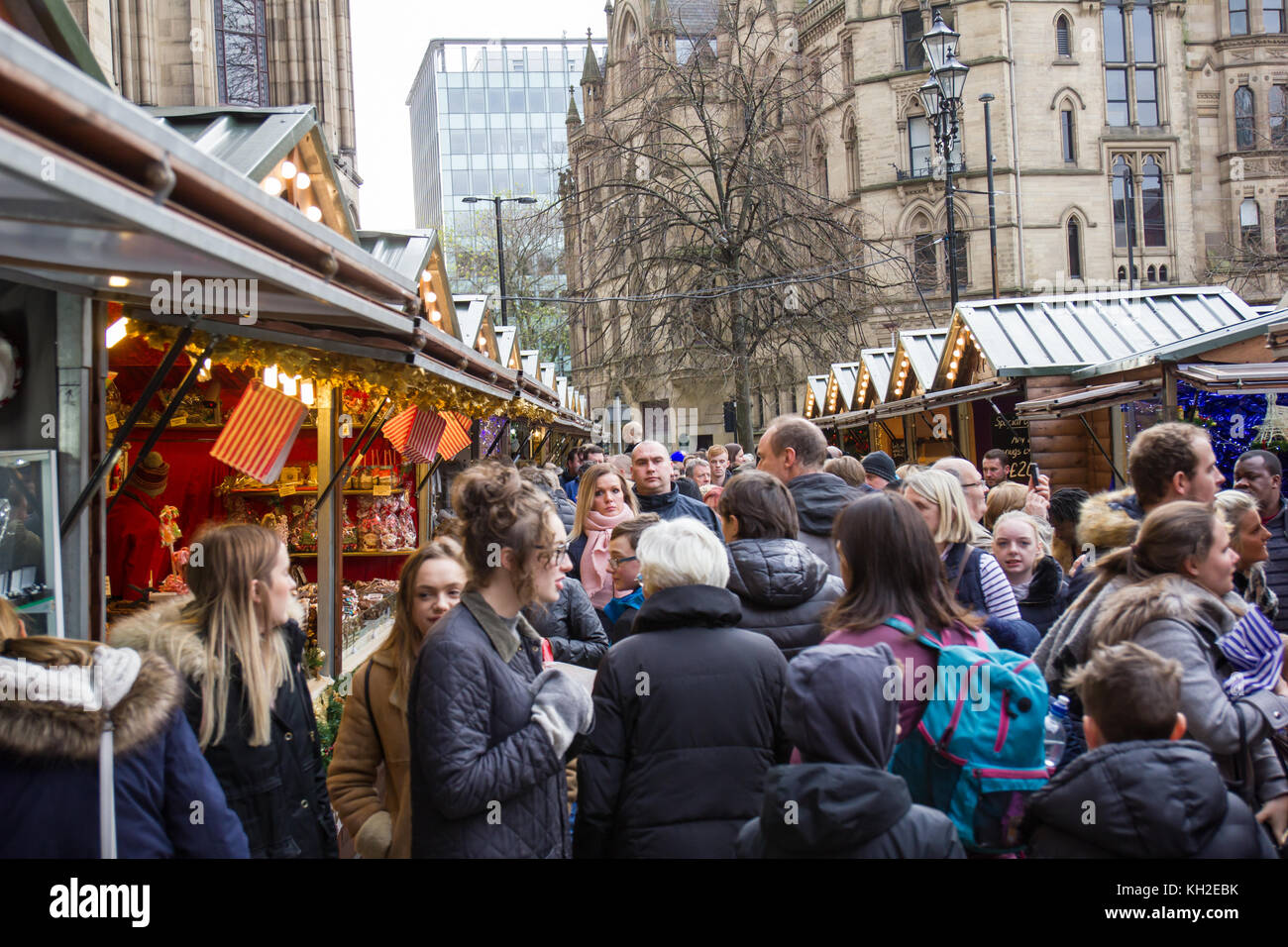 Manchester Christmas Market in Albert Square Manchester UK. Crowds of