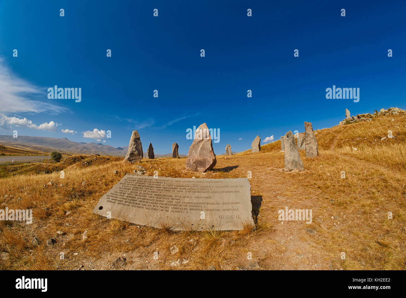 Zorats Karer (Carahunge) - Prehistoric Stone Pyramids site in Armenia, also known as Armenian Stonehendge Stock Photo