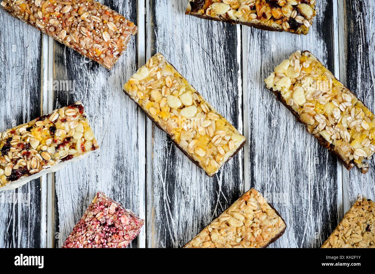 Sweet muffins bars. Energy bars on a wooden table. Stock Photo