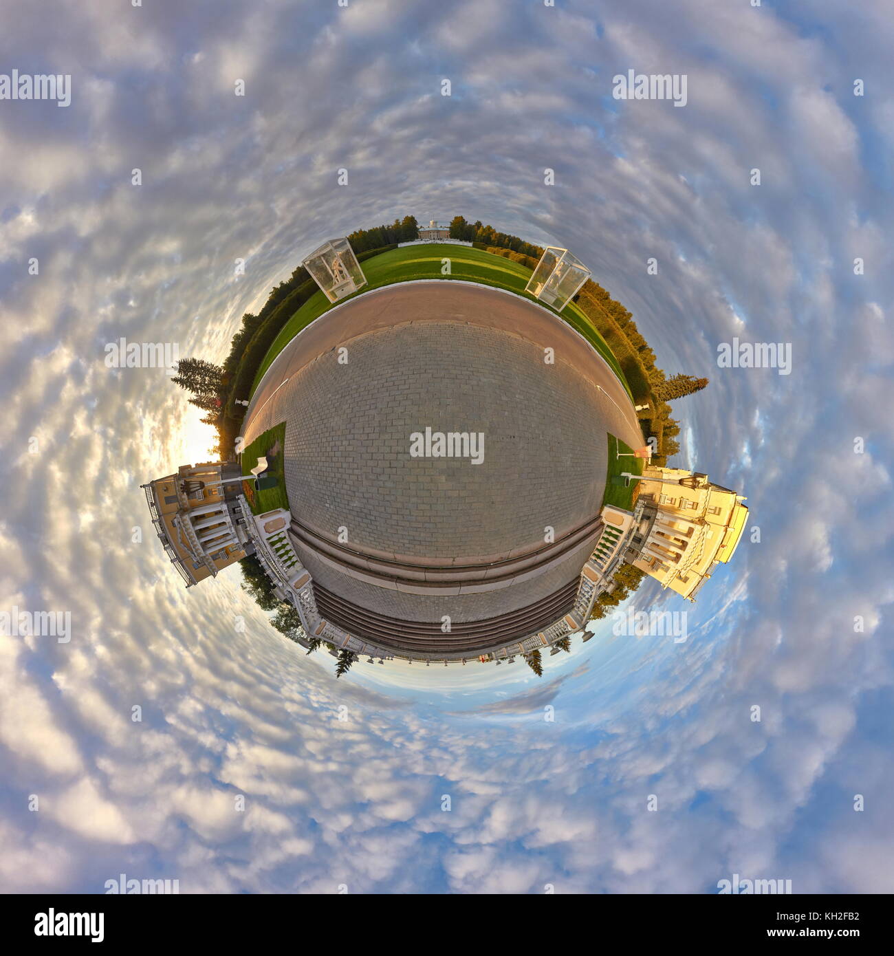 Global 360° little planet panoramic view of garden between