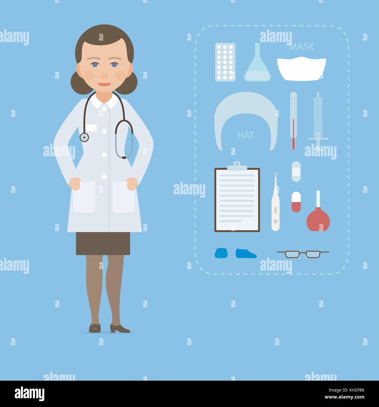 Women doctor M.D. in a white coat and medical equipment set in flat design. Stock Vector