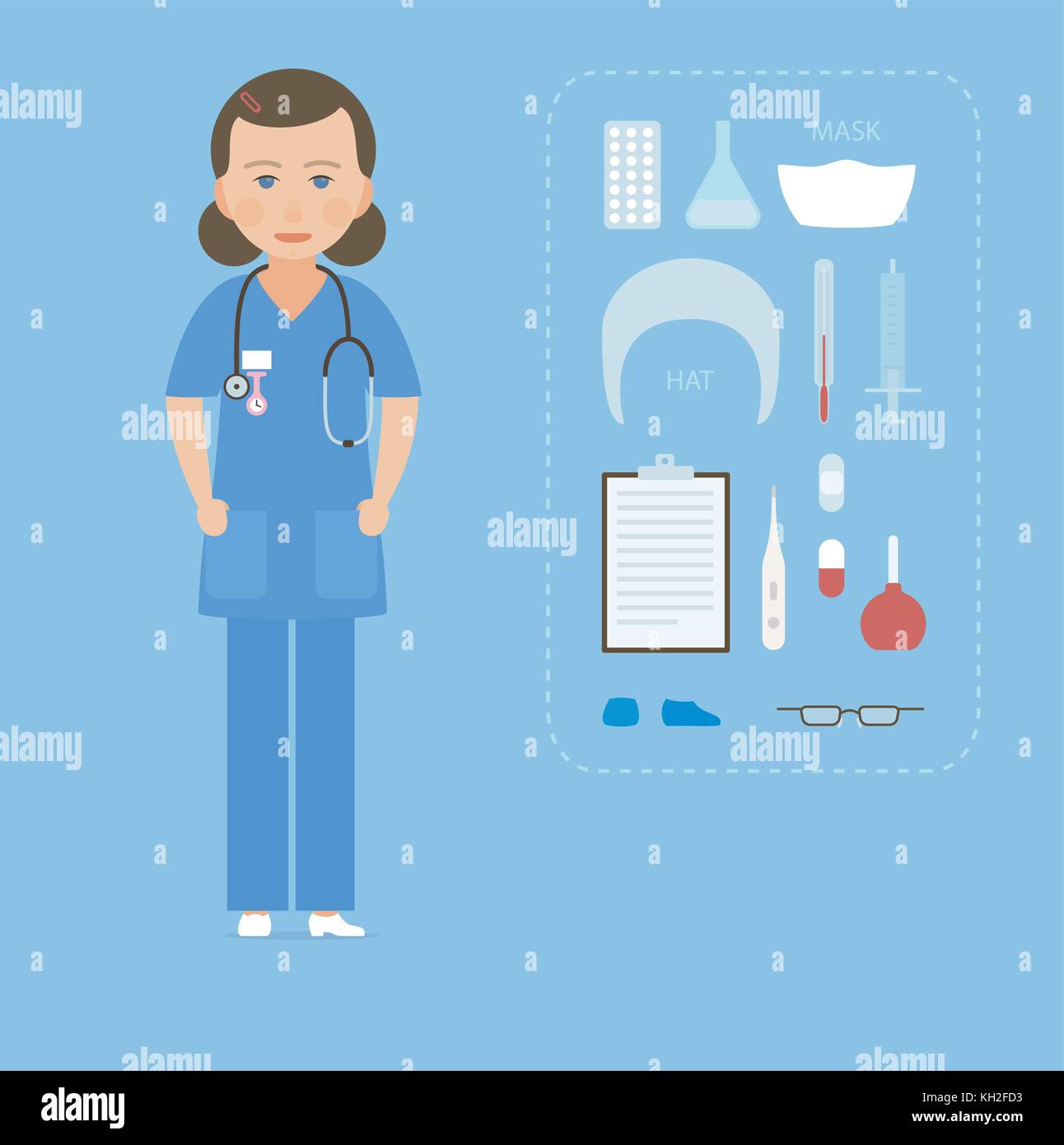 Women nurse in a blue uniform and medical equipment set in flat design. Stock Vector