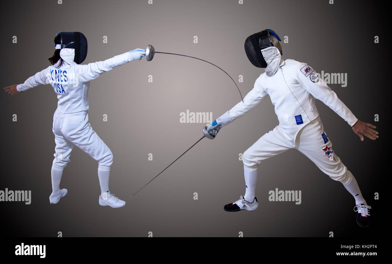 Two fencers showing point gained by arm touch Stock Photo Alamy