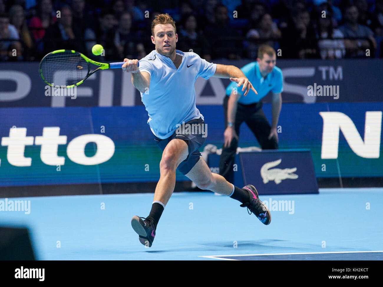 ATP Tennis, London, November 13, 2017 Jack SOCK, USA in forehand action  Roger FEDERER, SUI - Jack SOCK, USA 6-4, 7-6 at the NITTO ATP FINALS Tennis  men in Millenium Arena, O2