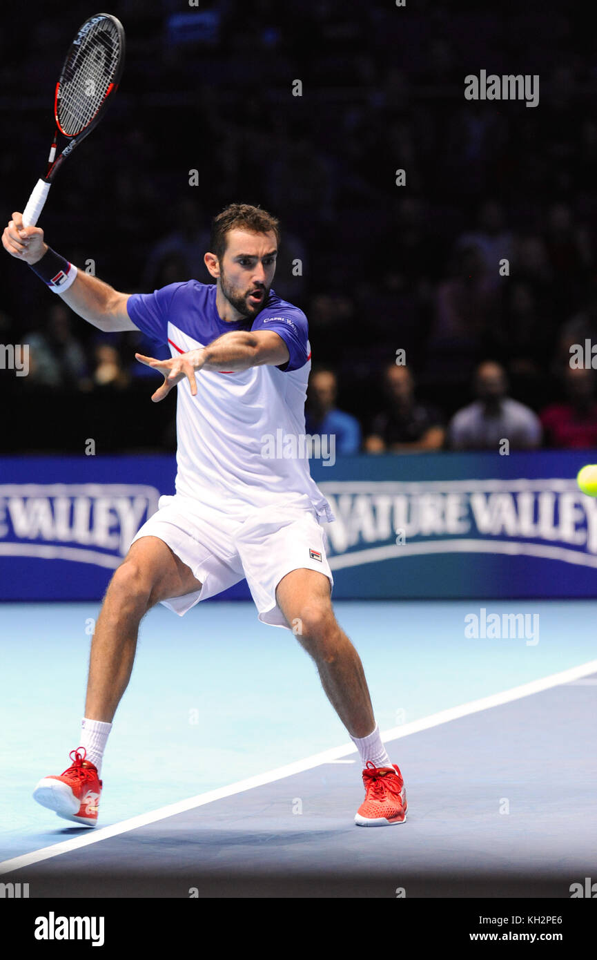 London, UK. 12th November, 2017. Marin Cilic (CRO) competing in the singles competition in the Nitto ATP Finals at The O2 Arena, London, UK. The Association of Tennis Professionals (ATP) Finals are the season-ending championships and feature the top 16 singles players as well as a double competition. The event is the second highest tier of men's tennis tournament after the four Grand Slam tournaments. The event draws more than a quarter of a million spectators, as well as generating a global TV viewership of more than 100 million. Credit: Michael Preston/Alamy Live News Stock Photo