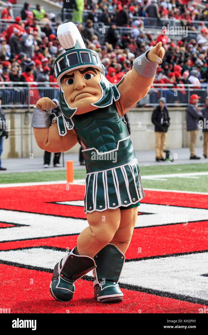 Columbus, Ohio, USA. 11th Nov, 2017. Michigan State Spartans mascot SPARTY performs at the NCAA football game between the Michigan State Spartans & The Ohio State Buckeyes at Ohio Stadium in Columbus, Ohio. JP Waldron/Cal Sport Media/Alamy Live News Stock Photo