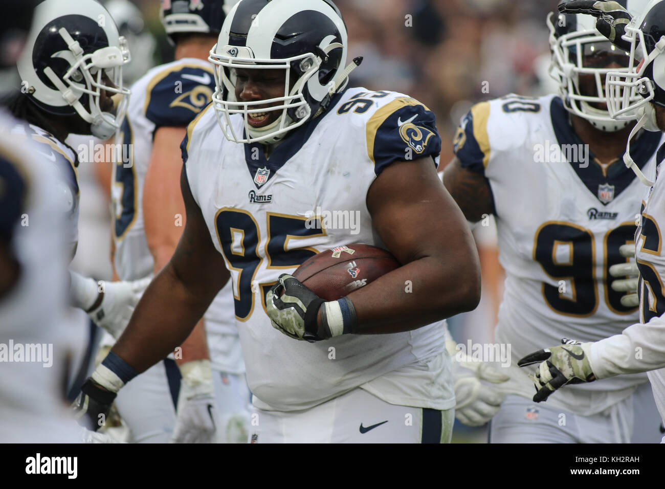 Los Angeles, CA, USA. 12th Nov, 2017. Los Angeles Rams defensive end Tyrunn Walker (95) coming off the field with his forced fumble ball during the NFL Houston Texan vs Los Angeles Rams at the Los Angeles Memorial Coliseum in Los Angeles, Ca on November 12, 2017. (Absolute Complete Photographer & Company Credit: Jevone Moore/Cal Sport Media (Network Television please contact your Sales Representative for Television usage. Credit: csm/Alamy Live News Stock Photo