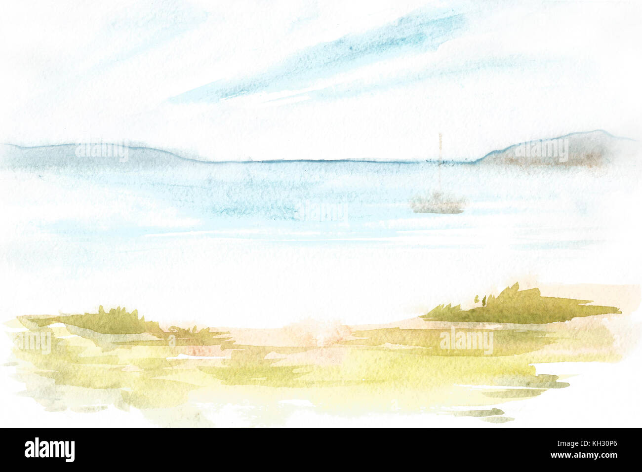 Watercolor painting showing a landscape with blue sky, clouds Stock ...