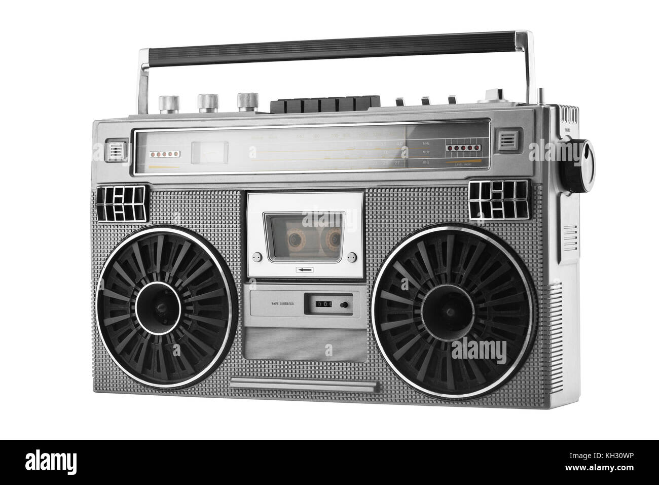 Silver retro ghetto blaster or audio boombox isolated on a white background Stock Photo