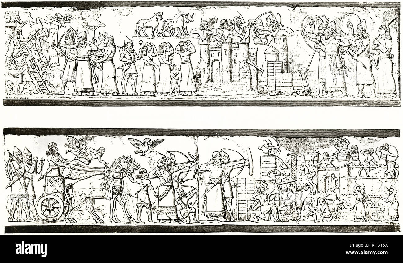 Old reproduction of an Assyrian bas-relief kept in Louvre museum (depicting the siege of a city). By Catenacci, publ. on le Tour du Monde, Paris, 1863 Stock Photo