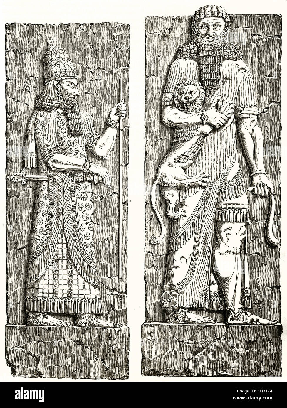 Old reproduction of two Assyrian bas-reliefs kept in Louvre museum (depicting the King and Hercules). By Catenacci, publ. on le Tour du Monde, Paris,  Stock Photo