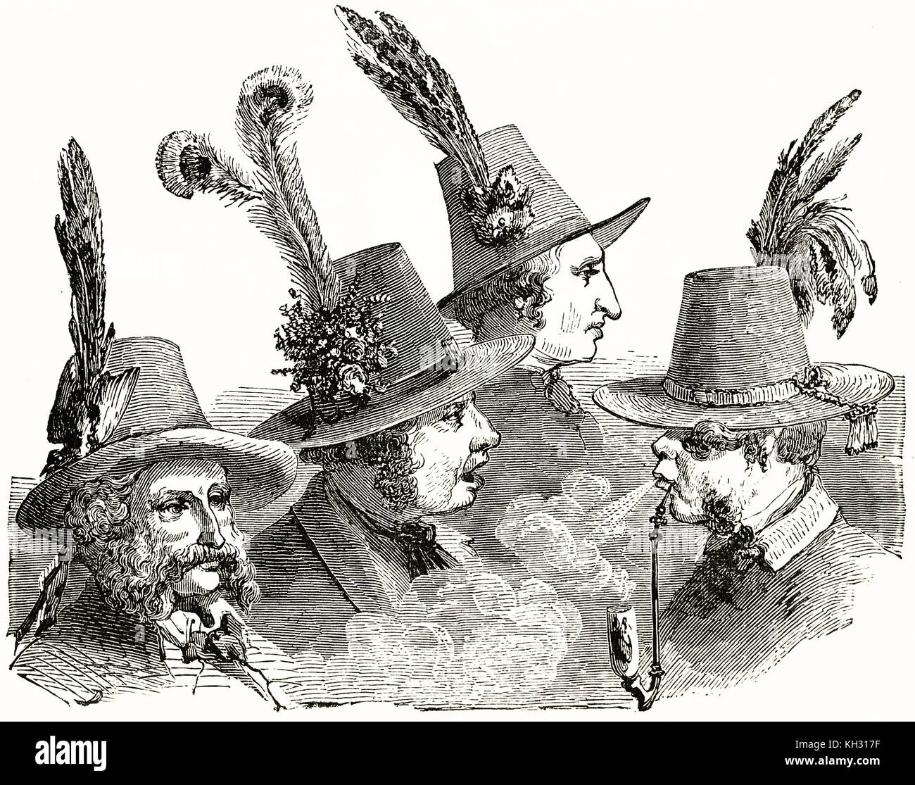 Old illustration of Austrian men wearing typical headgears. By Lancelot, publ. on le Tour du Monde, Paris, 1863 Stock Photo