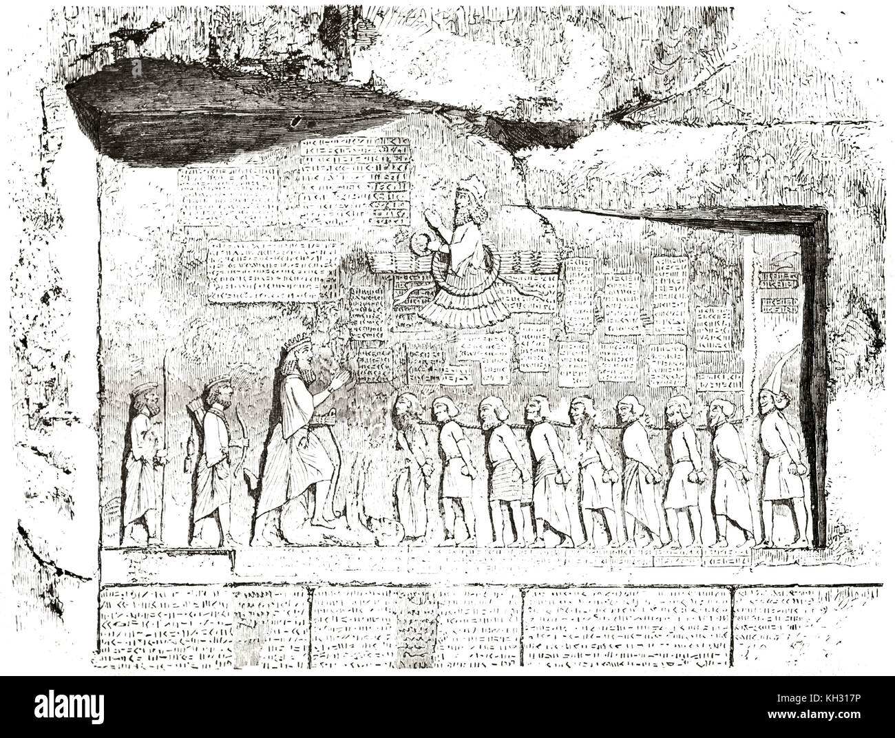 Old engraved reproduction of Behistun inscription, Iran. By Therond after Rawlinson, publ. on le Tour du Monde, Paris, 1863 Stock Photo