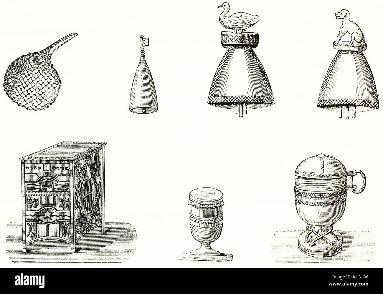 Old illustration of instruments and utensils from Dahomey (nowadays Benin). By Foulquier, publ. on le Tour du Monde, Paris, 1863 Stock Photo