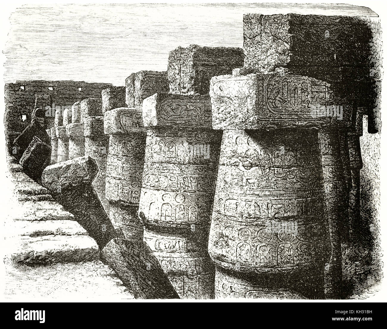 Old view of Karnak, exterior walls, Egypt. By De Bar, publ. on le Tour du Monde, Paris, 1863 Stock Photo