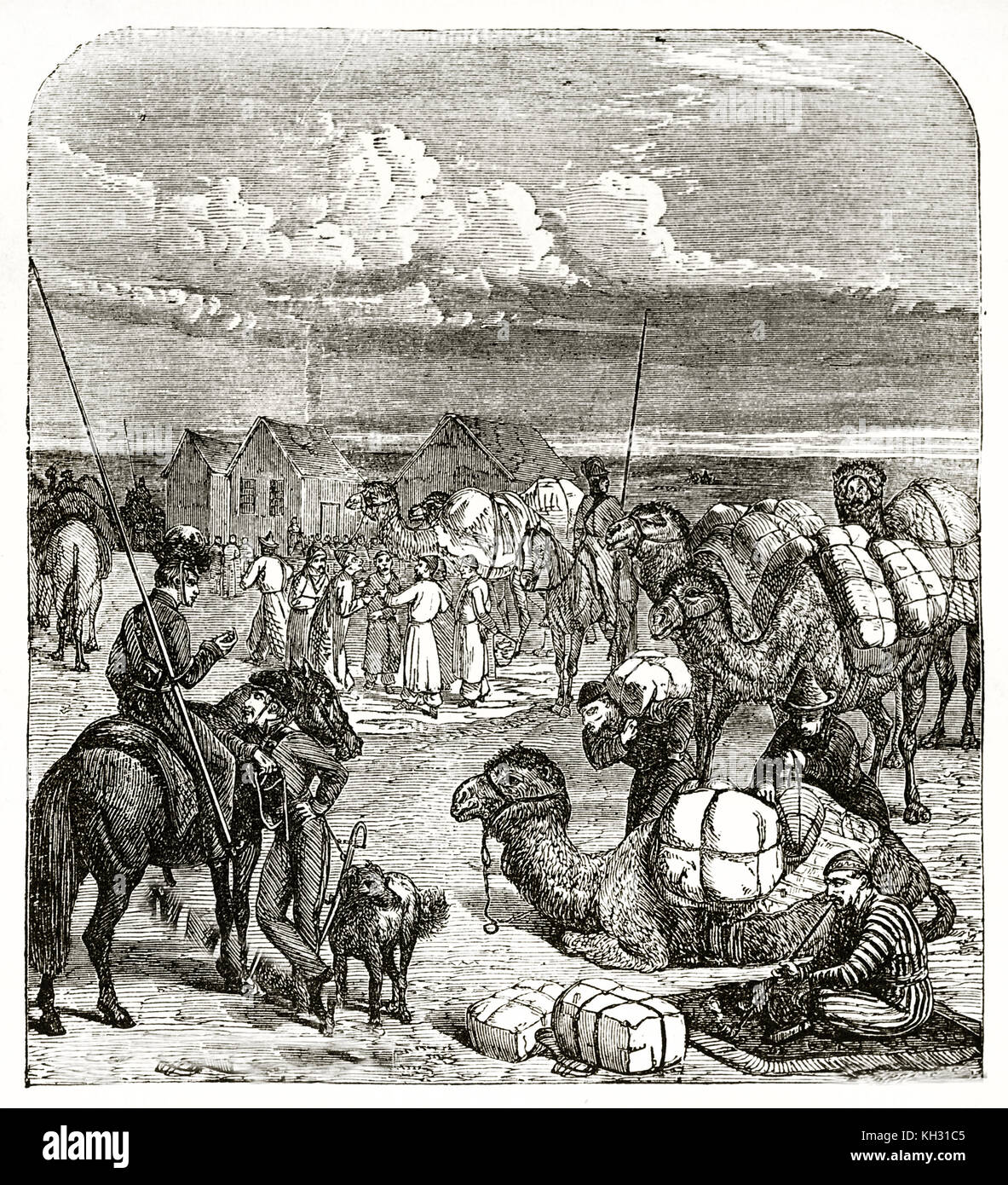 Old illustration depicting Sino-Russian caravan in Kyaktha, Siberia. By Atkinson, publ. on le Tour du Monde, Paris, 1863 Stock Photo
