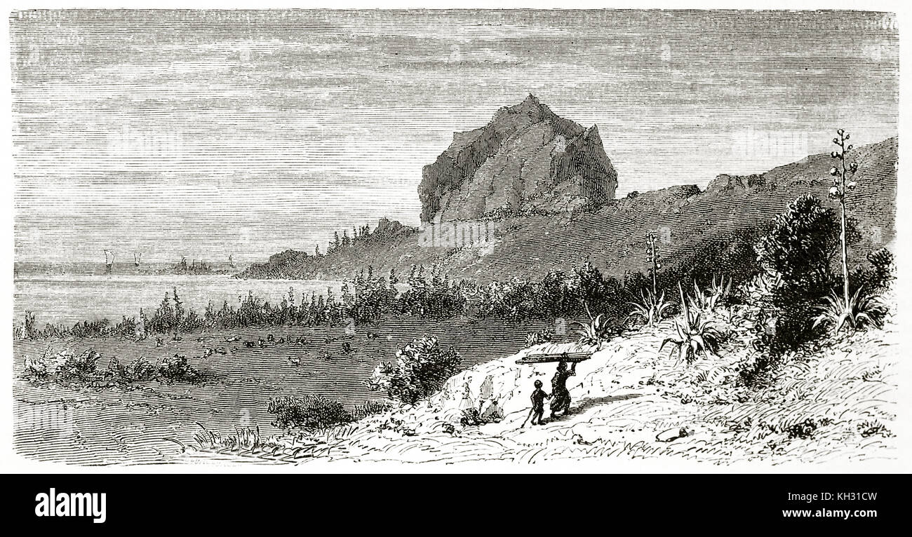 Old view of Le Morne Brabant, peninsula of Mauritius. By Hurel, publ. on le Tour du Monde, Paris, 1863 Stock Photo