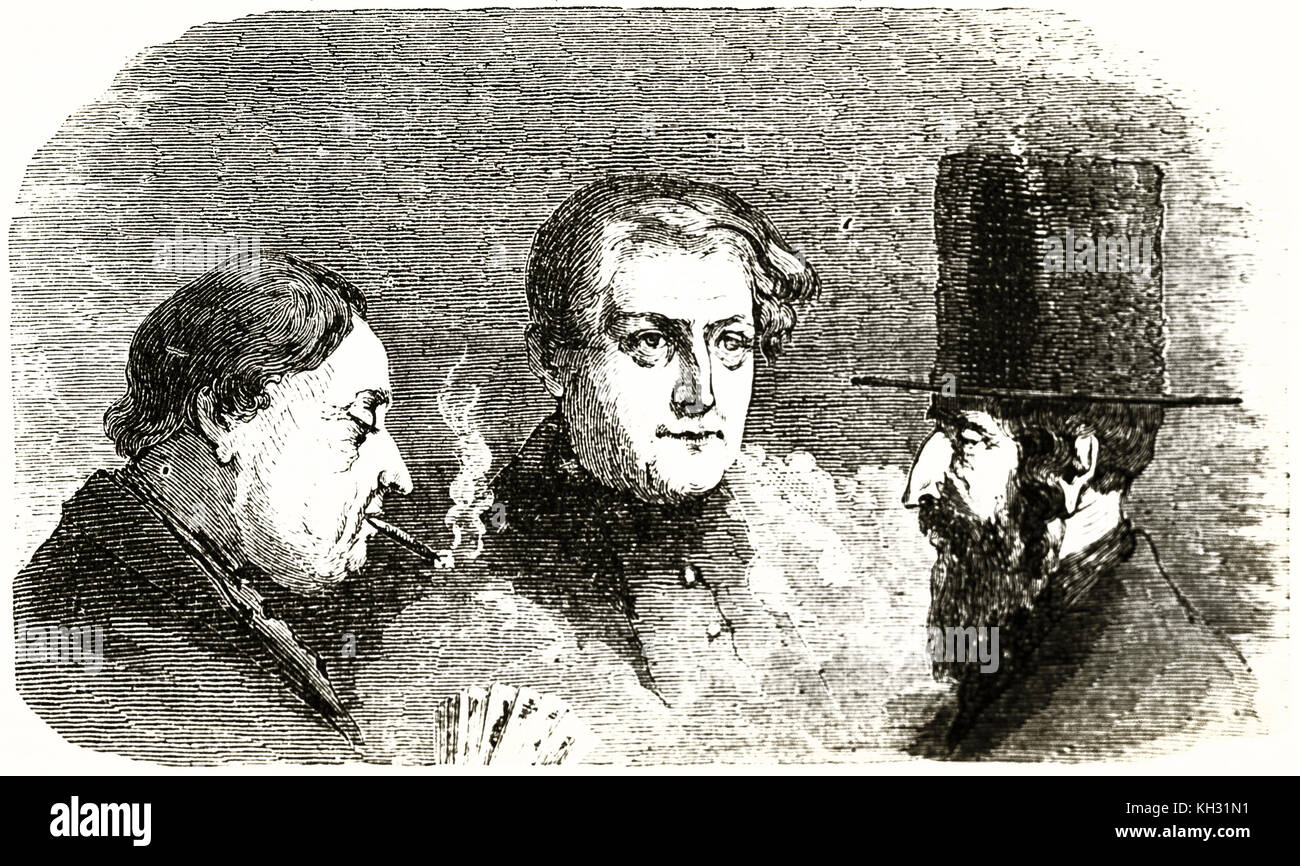 Old illustration of three men in the Spitalbrauerei (Hospital Brewery) in Regensburg, Germany. By Lancelot, publ. on le Tour du Monde, Paris, 1863 Stock Photo