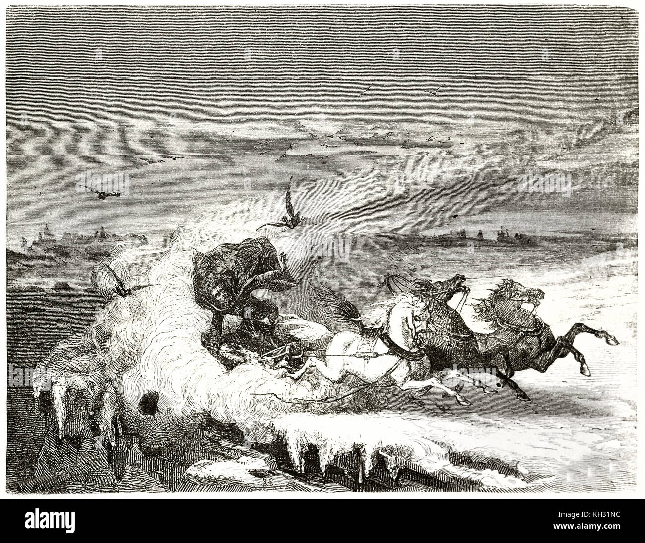 Old illustration of a running sleigh. By D'Argent after Atkinson, publ. on le Tour du Monde, Paris, 1863 Stock Photo