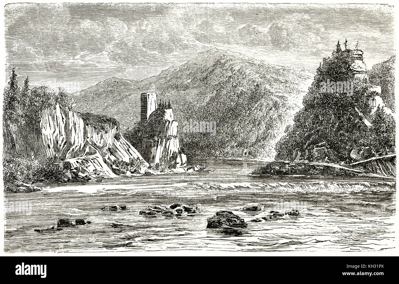 Old view of the Strudel (whirlpool on the Danube), Austria. By Lancelot, publ. on le Tour du Monde, Paris, 1863 Stock Photo