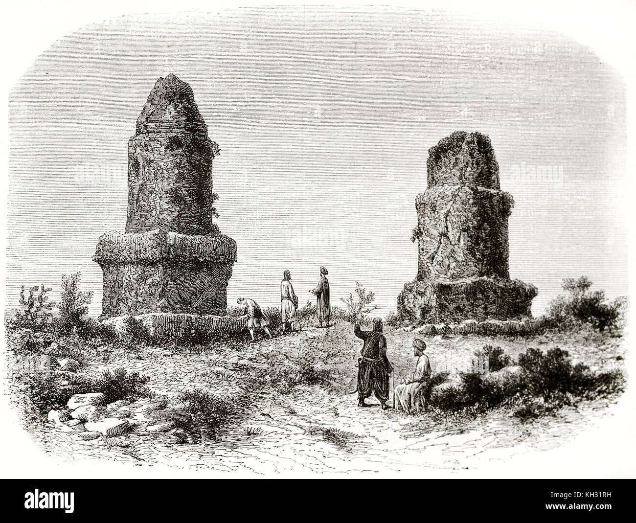 The Spindles, Phoenician burial towers in Amrit necropolis, near Tartus, Syria. By De Bar after Lockroy, publ. on le Tour du Monde, Paris, 1863 Stock Photo
