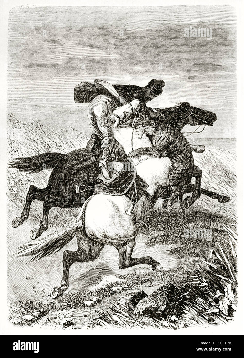 Old illustration depicting a tiger attacking Kirgyz horseman. By Sorieul after Atkinson, publ. on le Tour du Monde, Paris, 1863 Stock Photo