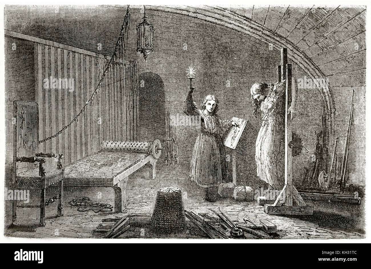 Old view of the Torture chamber in Regensburg city hall, Germany. By Lancelot, publ. on le Tour du Monde, Paris, 1863 Stock Photo