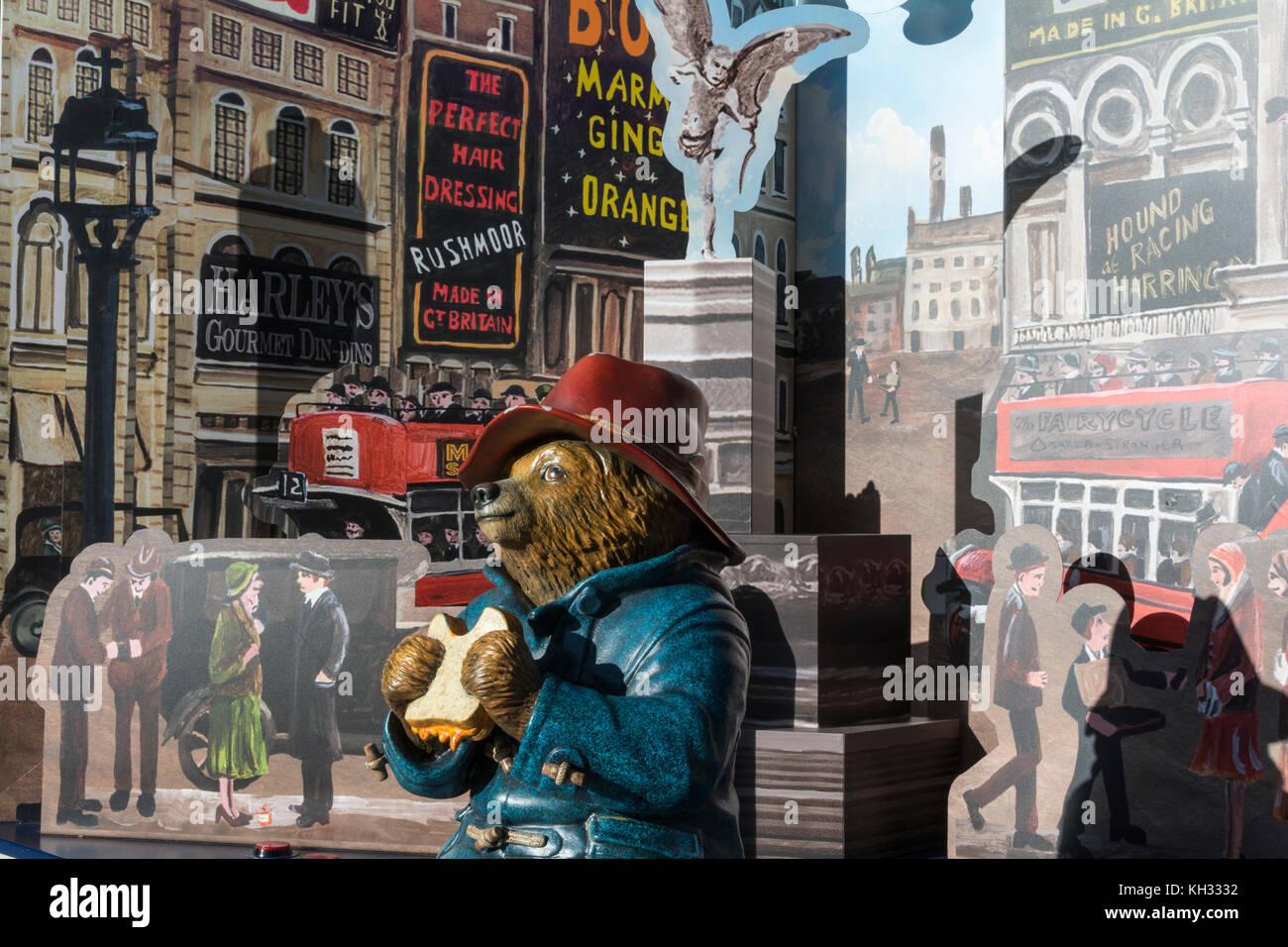 Michael Bond's Paddington Bear eating a sandwich in a Paddington Bear pop-up on Peter's Hill near St Paul's Cathedral, London, U.K. Stock Photo