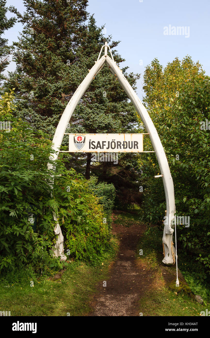 The jawbone of a whale is displayed in the botanical gardens of Isafjordur, a town in Northern Iceland. Stock Photo