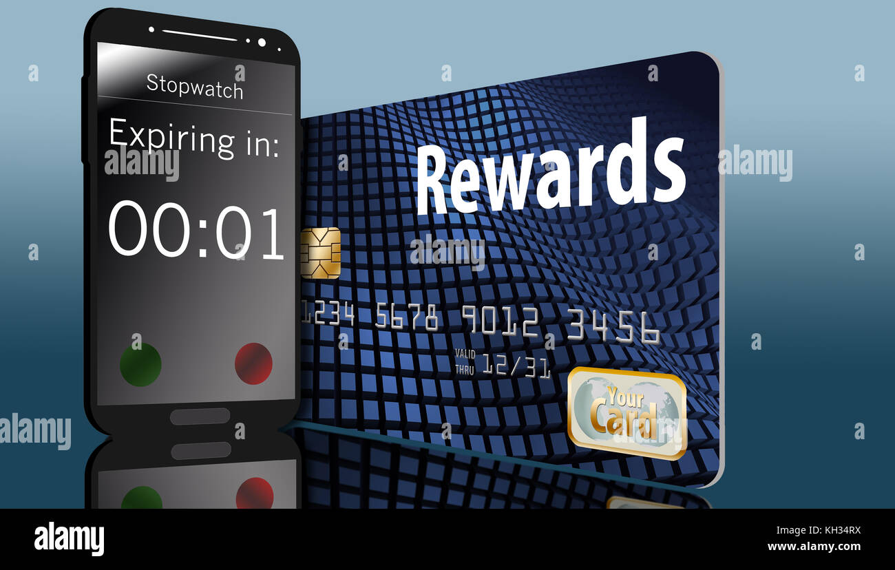 A rewards credit card that has an expiration date is seen with a cell