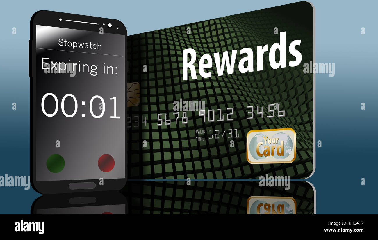 A rewards credit card that has an expiration date is seen with a cell