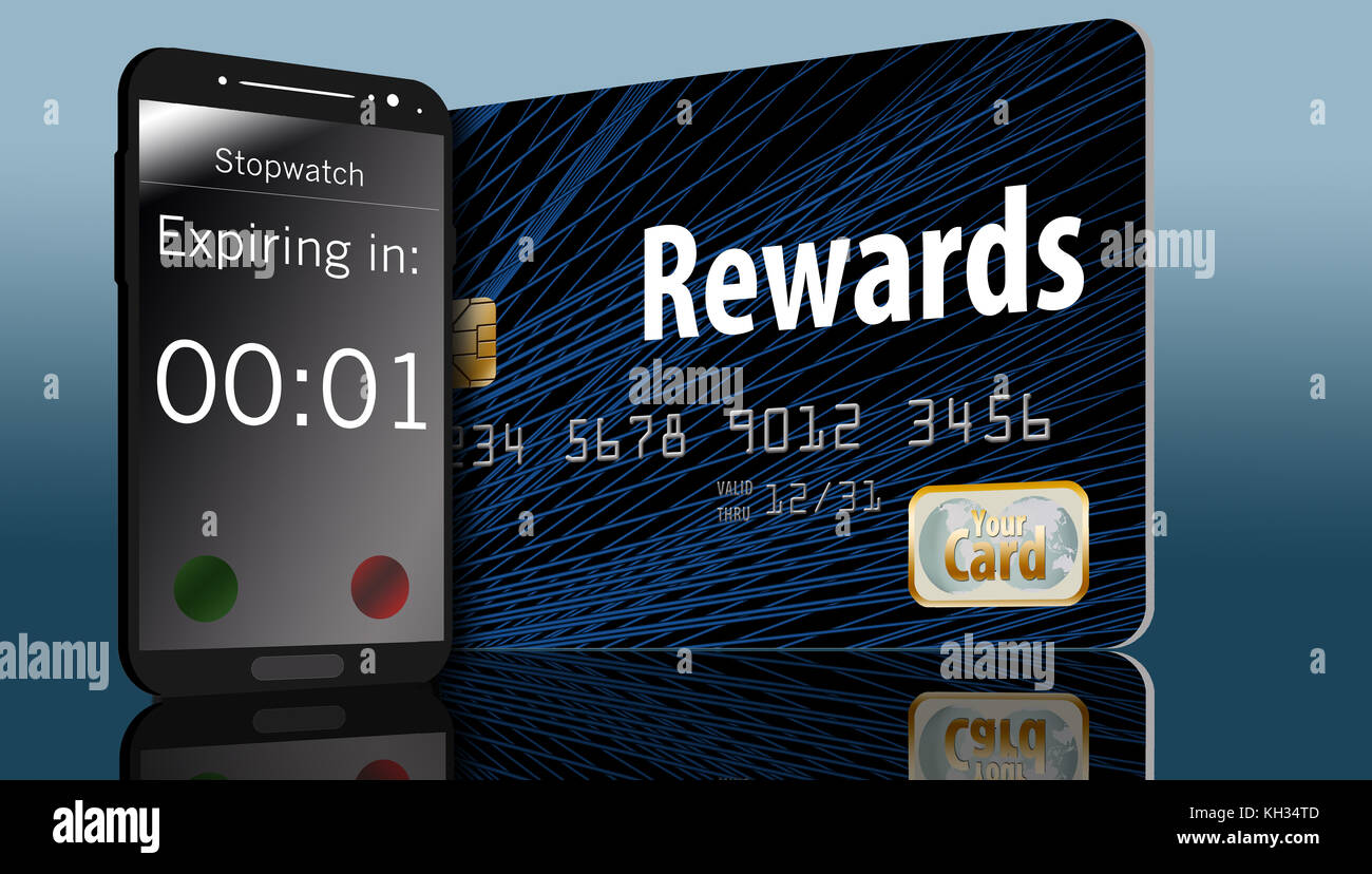 A rewards credit card that has an expiration date is seen with a cell