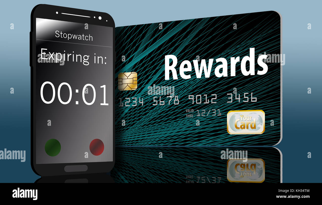A rewards credit card that has an expiration date is seen with a cell