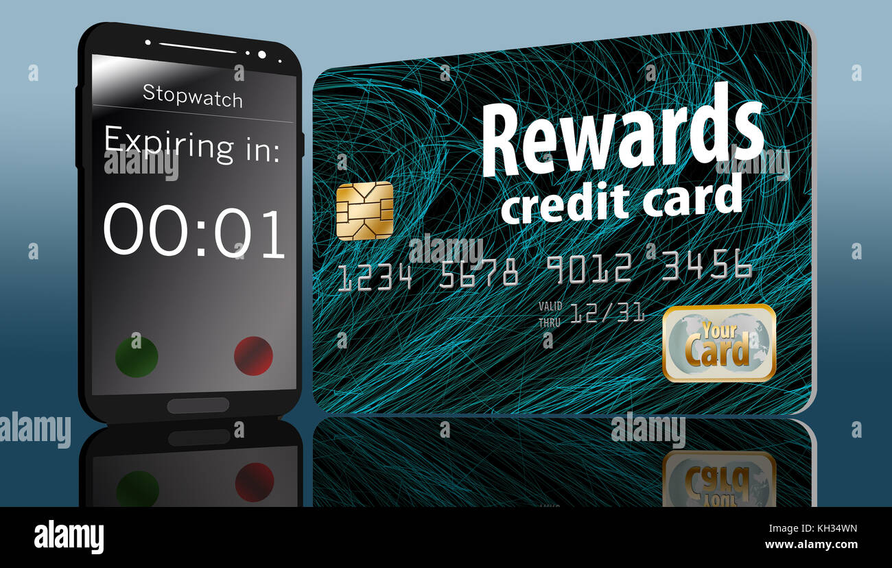 A rewards credit card that has an expiration date is seen with a cell